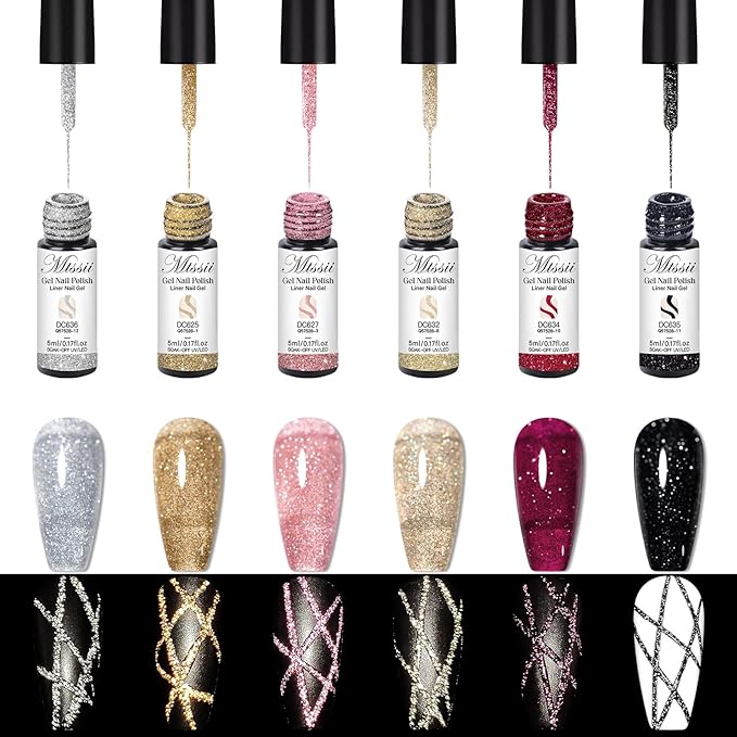 MTSSII Reflective Glitter Liner Nail Gel With Thin Nail Art Brush In Bottle, Sparkly Golden Silvery Nail Art Polish, Painting Liner Gel Polish for Swirl Nails Cyber Punk French Acrylic Nail