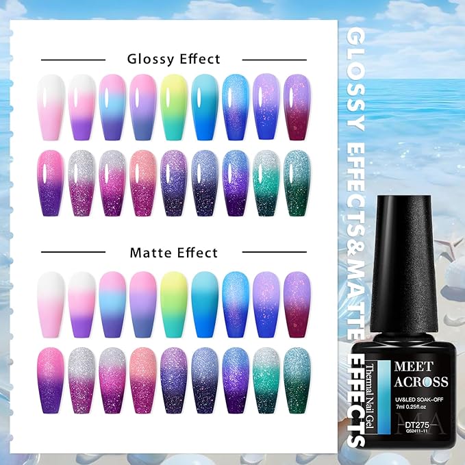 MEET ACROSS 18Pcs Color Changing Gel Nail Polish Set Pink Purple Blue Green Temperature Change Gel Polish Soak Off UV/LED Glitter Mood Temperature Color Change Gel Manicure Kit