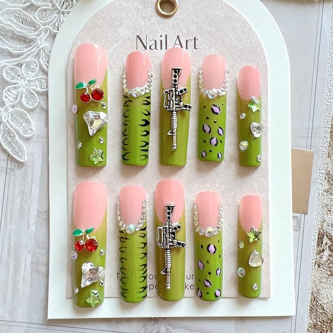 NAIL ANGEL 10PCS/SET Handmade Press on nails Metal Glitter Rhinestone Green Leopard Prints Crystal Cherry Gem Long Coffin Nails Party Nails XXL Long Artifical Tips ZJ-07 (Multi-Color, ZJ07-M)