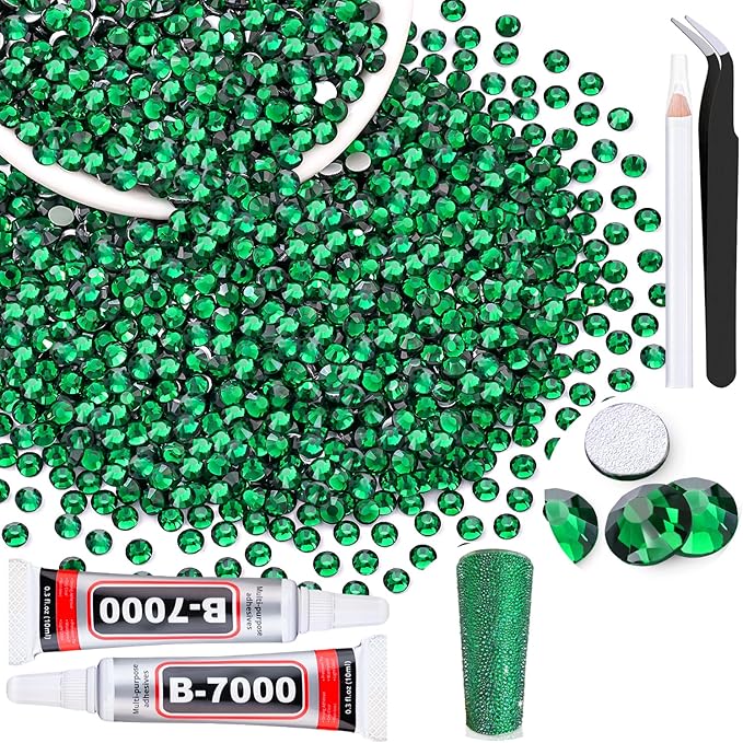 2000PCS SS16/4mm Crystal Rhinestones (Emerald Green) with 2Pcs 10ml B7000 Jewelry Glue, Bedazzling Flatback Glass Rhinestones for Crafting, Gems Diomand Charms for Tumbler Shoes Clothing Mugs Nail Art