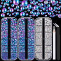 4000PCS Flatback Rhinestones and Half Round Pearls Kit #22, Multi Size Glass Clear Crystals, Plastic Flat Back Blue Mermaid Dome Bead with Pickup Pencil and Tweezer for Nail Art