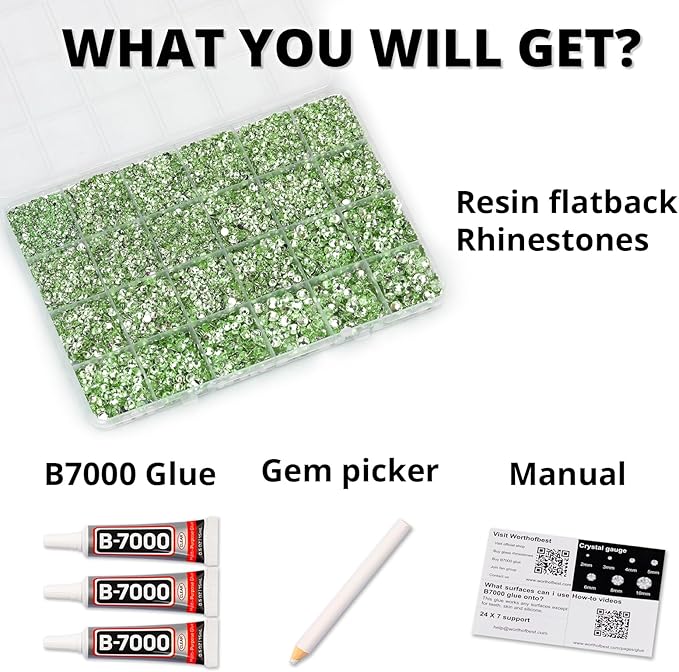 33000Pcs Light Green Rhinestones for Bedazzling, Bedazzler Kit with Flatback Craft Rhinestones Bulk and B7000 Glue, 2,3,4,5,6mm Resin Flat Back Crystals for Craftings, Crafts, Clothes, Shoes, Nails