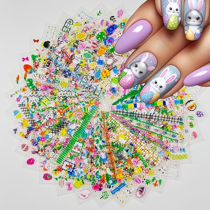 30 Sheets Easter Nail Stickers Green Flower Nail Art Stickers Self-Adhesive with Rabbit Easter Eggs Designs Nail Decals for Women Cute Nails Supplies
