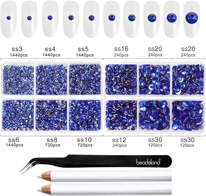 Beadsland 8300PCS Flatback Rhinestones, Royal Blue Rhinestone Round Crystal Rhinestones for Crafts, Mixed 10 Sizes with Wax Pencil and Tweezer Kit, SS3-SS30, Sapphire