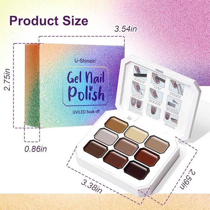 Gradient Gel Nail Set, 9 Colors Ombre Gel Nail Polish with 6 Aurora Multi-Purpose Brushes for Pigment Pat Nails French Manicure Nail DIY Painting Soak Off UV Coconut Latte