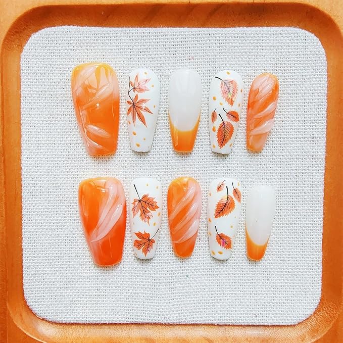 30Pcs Fall Maple Leaf Press on Nails Medium Square Fake Nails Orange French Tip False Nails with 3D Water Ripple Design Thanksgiving Holiday Artificial Stick on Nail Full Cover Glue on Nail for Women