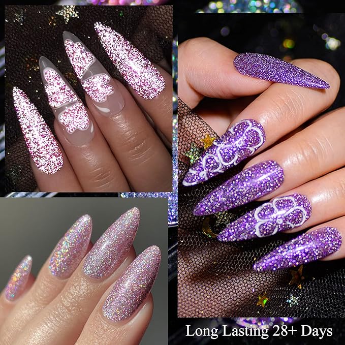 MTSSII Reflective Glitter Gel Nail Polish Set for Christmas Nails 12 Colors Including Pink Purple Silver Holographic Gel Polish Kit UV LED Soak Off Nail Polish Home DIY Manicure Nail Salon Varnish