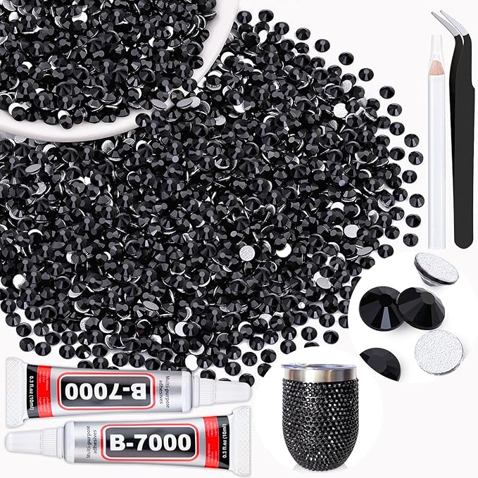 2500PCS SS10/2.8mm Crystal Rhinestones (Jet Black) with 2Pcs 10ml B7000 Jewelry Glue, Bedazzling Flatback Glass Rhinestones for Crafting, Gems Diomand Charms for Tumbler Shoes Clothing Mugs Nail Art
