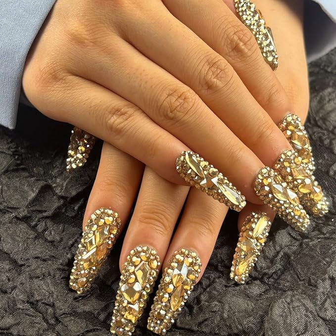Trendy Handmade Press On Nails Long Square Shape,10Pcs Shimmery Large Acrylic Fake Nails with 3D Champagne Rhinestone Luxury Design Stick On Nail for Woman Gift
