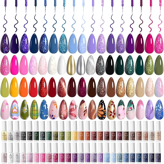 Beetles Gel Liner Nail Polish Set 50 Colors French Tip Nail Art Polish Glitter Brown Purple Blue Gel Nails White Pink Swirl Nails Painted Cat Eye Build in Thin Brush Gift for Women