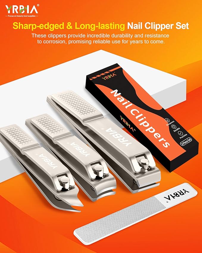 Nail Clippers with Glass Nail File, YRBIA Ultra Sharp Nail Clipper Set, Professional Stainless Steel Fingernail & Toenail Clippers Nail Cutter Set for Men & Women