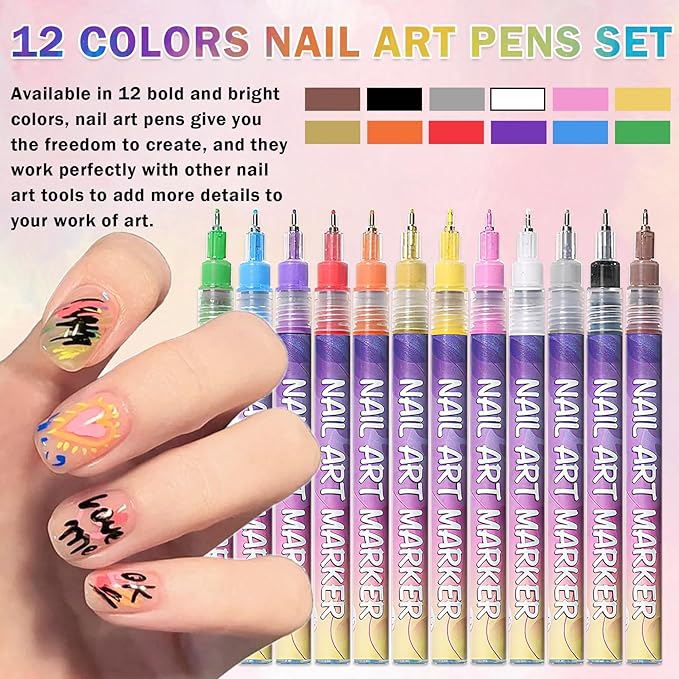 Nail Art Pens Set Fine Tips 3D Nail Polish Pens Acrylic Paint Nail Drawing Liner Dotting Quick Drying Nail Art Markers Kit Tools for Professional Nail Art Design(12 Colors 0.5mm)
