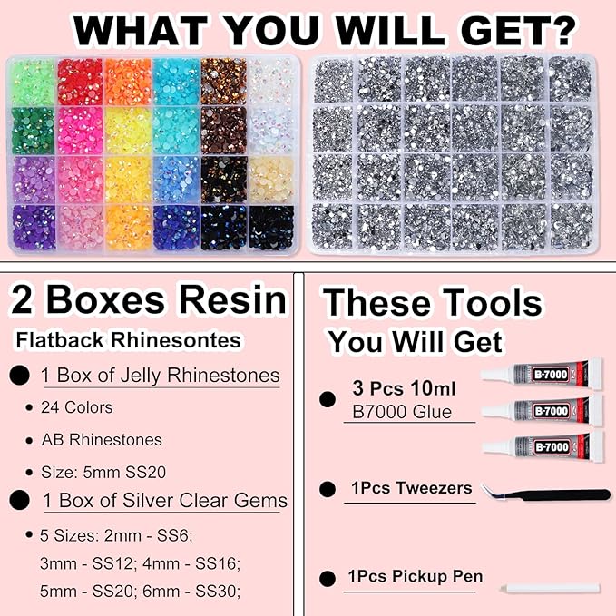 2 Boxes Rhinestones for Bedazzling Kits, Multicolor 5mm & Silver Clear 2/3/4/5/6mm Resin Flatback Gems for Diamond Art, Bedazzler Kit with 3Pcs 10ml B7000 Jewelry Glue for DIY Crafting Crafts Decor