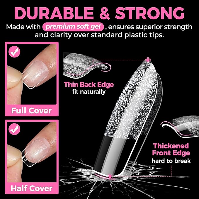 UNA GELLA Extra Short Square Oval Nail Tips 216pcs Pre-shaped Half Matte Square Round Gel Nail Tips Full Cover Squoval Clear Acrylic Fake Nails for Press on Nail Extensions Home DIY Salon 12 Sizes