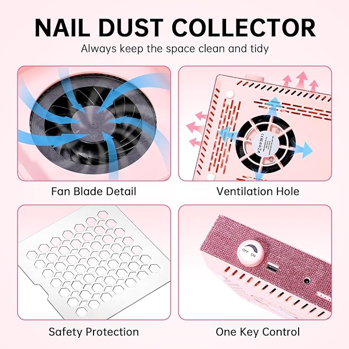 Nail Dust Collector, Cordless Dust Collector Nail Tech, Professional 550PA Vacuum Fan Vent Dust Extractor Quiet Dust Suction Machine for Acrylic Nails Polishing, Nail Salon&Home