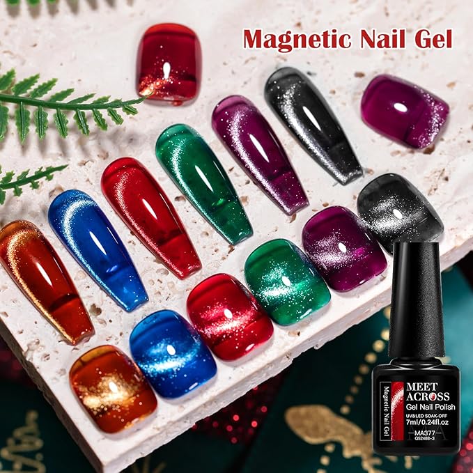MEET ACROSS 8 Colors Magnetic Gel Nail Polish Kit With Magnetic Stick, All Season Colors Cat Eye Gel Polish, Long-Lasting Cat Eye Nail Gel for Salon Home Nail Art Manicure