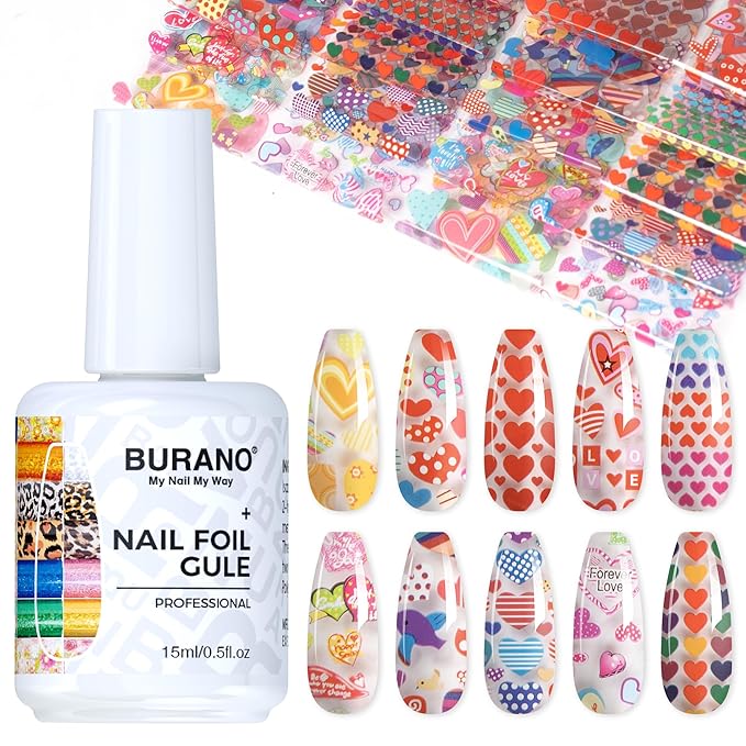 BURANO Nail Art Nail Foil Glue Gel, o.5 oz with 10PCS Foil Stickers Set Nail Foil Glue for Nails Foil Transfer Gel, Nail Design DIY UV LED Lamp Required (Love 34)
