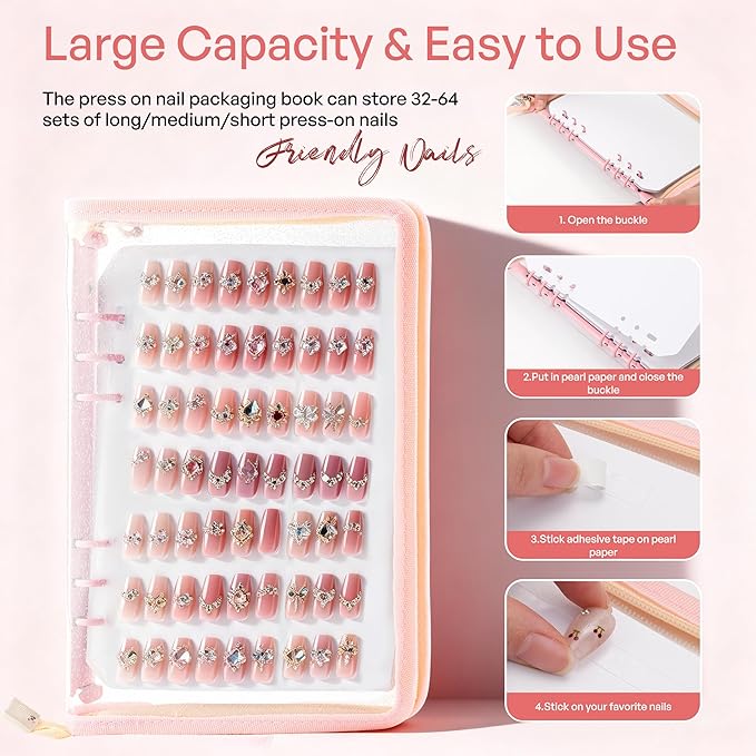 18PCS Press On Nail Organizer Clear Empty Press on Nail Packaging Set with 8 Insert Pages,8 nail double tape and 1 Zipper Pocket for Fake Nail Storage Nail Art Salon (pink)