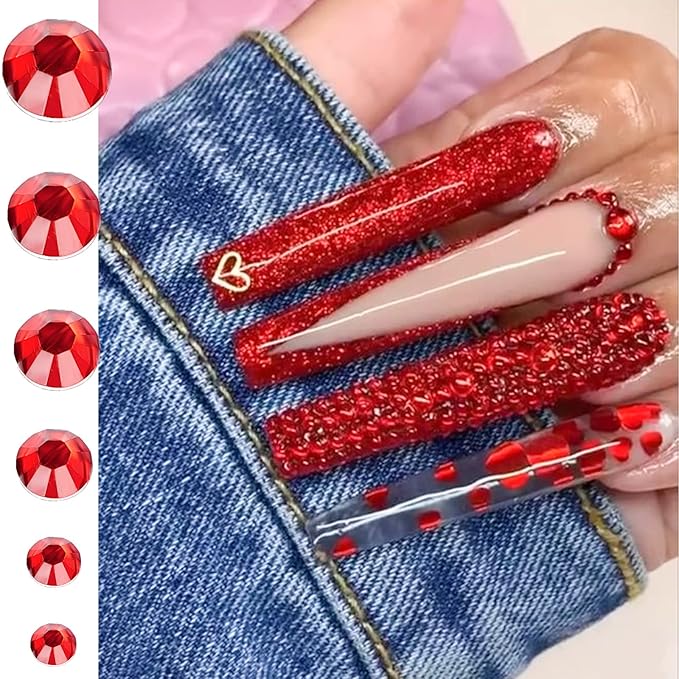 Canvalite 1500PCS Red Rhinestones Flat Back Gems, Nail Rhinestones Nail Art Gems with Pick Up Tweezers and Rhinestone Picker Dotting Pen, Nail Art Tools for Nails, Clothes, Face, Craft