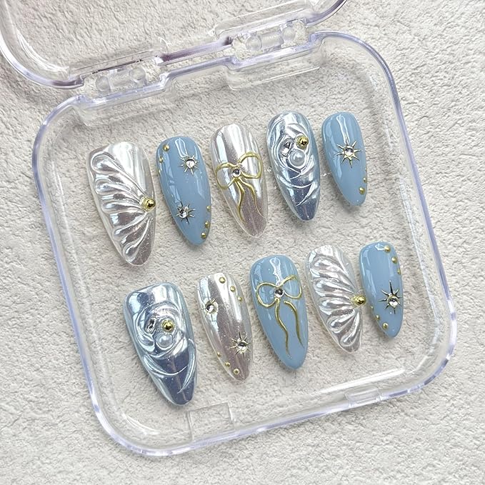 Handmade Press on Nails Medium Almond Fake Nails with Glue,Luxury Rhinestone ＆ 5D Bow Art Blue Press ons Muti-Layer Gel Handmade False Nails for Women (Size M)