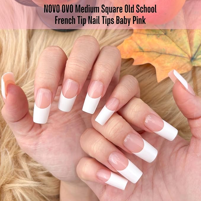 NOVO OVO Old School Wide White French Tip Nail Tips Press on, Medium Length Tapered Square BABY PINK, Extra Thick Soft Gel Fake Acrylic Extension, Need Builder Gel, Top Coat, Glue 15 Sizes 240 pcs