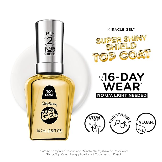 Sally Hansen Miracle Gel Nail Polish Super Shiny Shield Top Coat | Salon Quality, Gel-Like Formula, Two-Step System, No UV Light Needed, Long Lasting | Sheer, Glossy