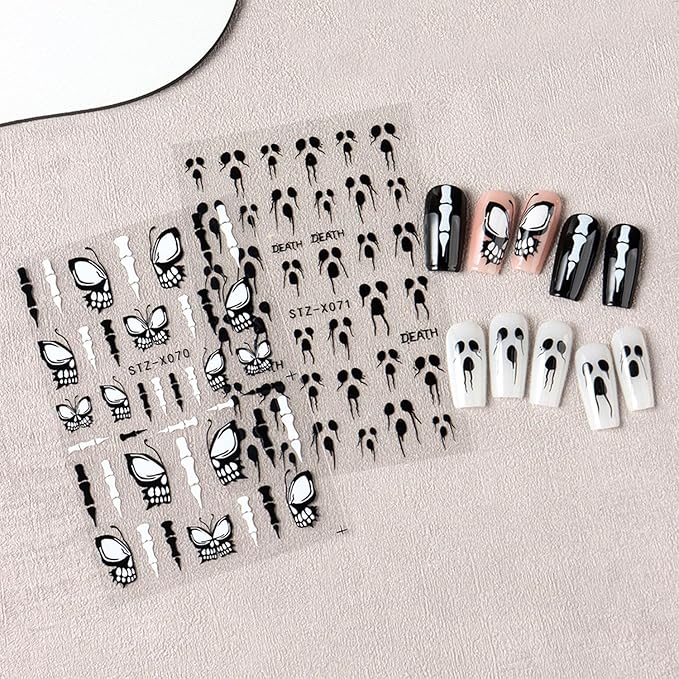 8 Sheets Halloween Nail Decals Black White Ghost Spider Web Nails Sticker Cute Pumpkin Skull Nail Art Decal Self-Adhesive Bat Blood Drop Nails Art Stickers for Women Halloween Decor