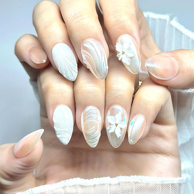 Handmade Press On Nails Short Almond Ivory Pearl Shimmer Nails with 3D White Flower. Natural Elegant Reusable Set (15 Sizes, 30 Nails + Glue) | Designed in L.A, Made in Vietnam| PEARL PROMISE
