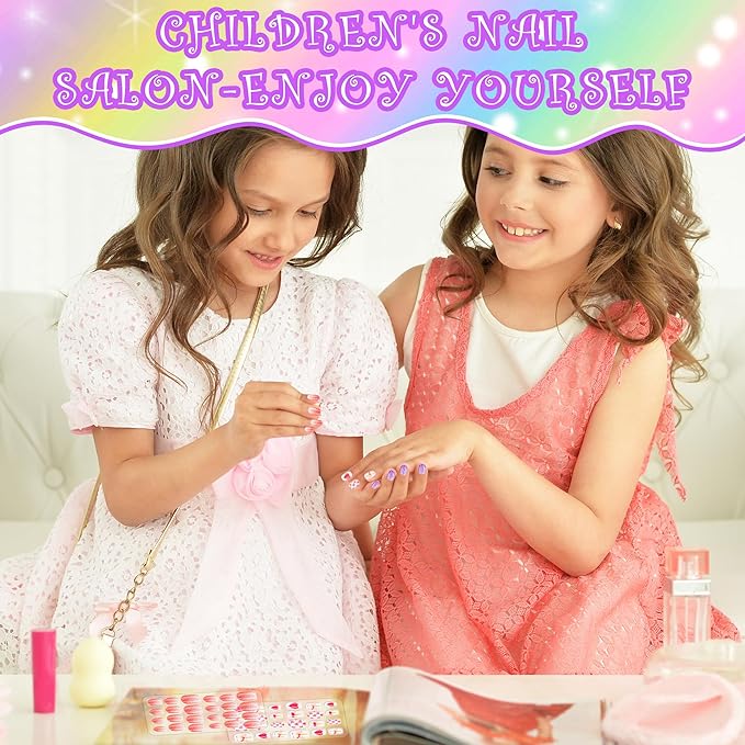 False Nails Press on Nails for Kids-Flower Heart Print Short False Artificial Full Cover Nail Art Kits Nail Glue Tabs for Girls Children (120pcs glitter nails)