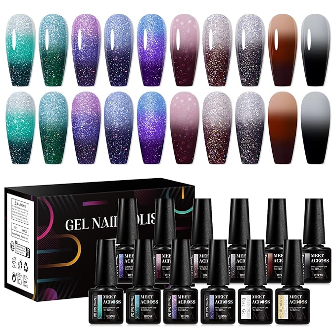 MEET ACROSS Color Changing Gel Nail Polish Set, 12 PCS Shimmer Glitter Mood Temperature Change Colors Kit, Black Brown Green Purple UV Thermal Manicure Gel Gift