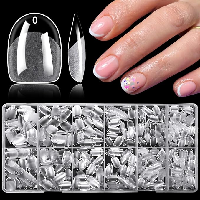LoveOurHome 750pc Extra Short Oval Nail Tips Clear Fake Nails XS Round Almond Gel Nail Tips Full Cover Acrylic Nails Clear Press on Nails Short Oval 15 Size False Fingernail for Gel Nail Extension
