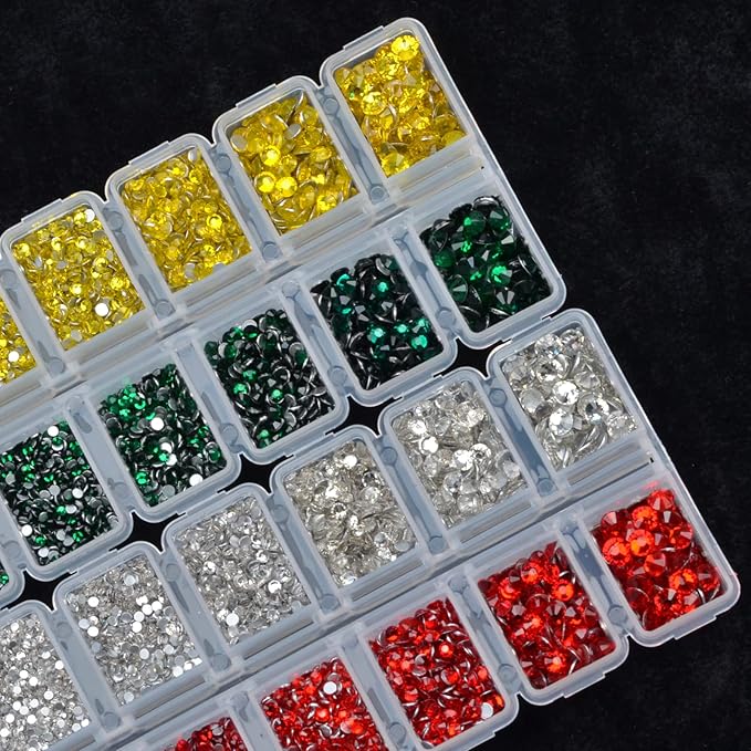 10000 Pieces Rhinestones 6 Sizes Round Crystal Glass Flat Back Rhinestones with 1Tweezers and 1Picking Pen for Nail Art Crafts Clothes Bags DIY (Xmas 4 Colors)