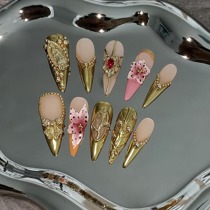 Long Stiletto Press on Nails - Gold Baroque with 3D Rose & Saint Charms | Reusable & Icy False Nails | Royal Gala Style for Grand Events(S)