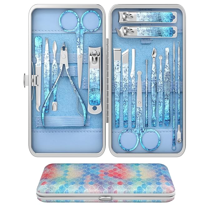 Nail Clippers Set Fingernail and Toenail Clipper Cutters, Professional Manicure Pedicure Kit 18Pcs, Nail Care Grooming Tools with Luxurious Travel Case (Diamond Blue)