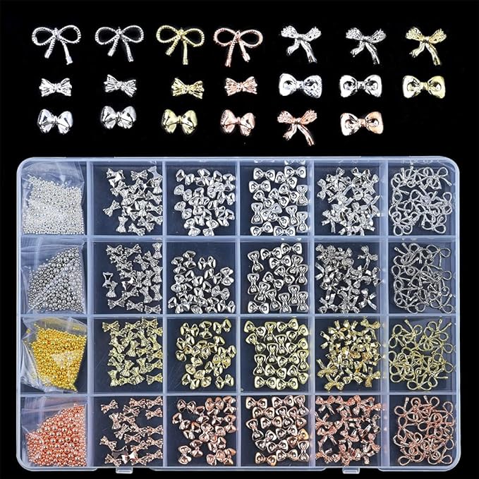1 Box Gold Silver Alloy Bow Nail Art Decorations Rose Gold Nail Beads 3D Charm Bow Ties Nail Jewelry Ornaments Elegant Bowknots Nail Tips Decorations Manicure Accessories For Nails