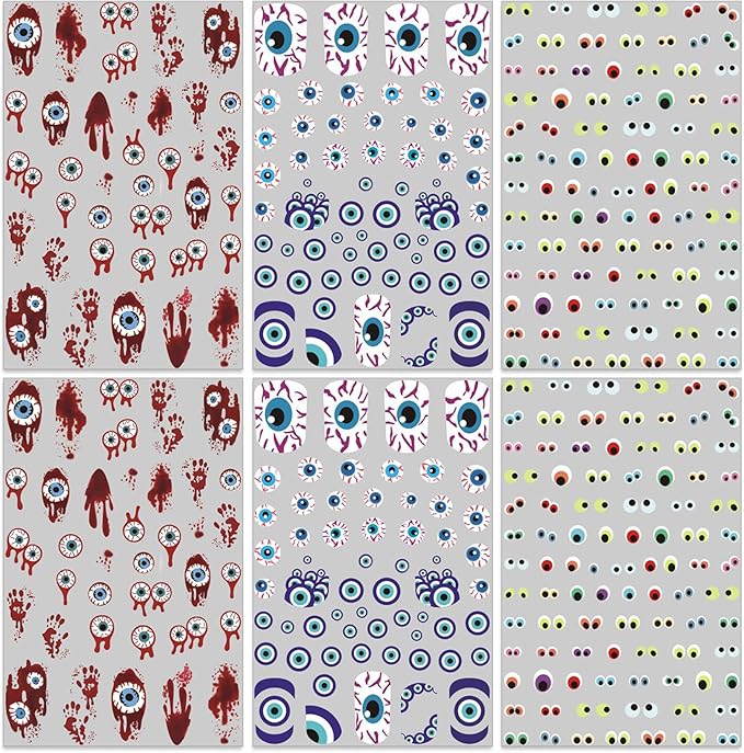 Halloween Eyeball Nail Stickers - 3D Bloody Horror Eyeball Self-Adhesive Nail Decals for DIY Funny Spooky Manicure (6 Sheets)