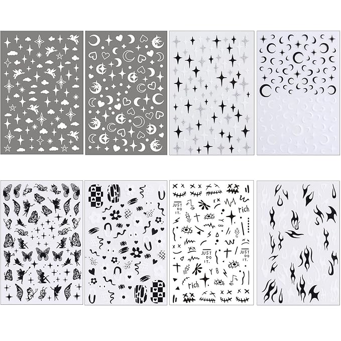 8 Sheets Cloud Moon Nail Stickers, 3D Black White Design Self-Adhesive Nail Art Decals,Flame Starlight Butterflies DIY Manicure Decorations for Women Girls