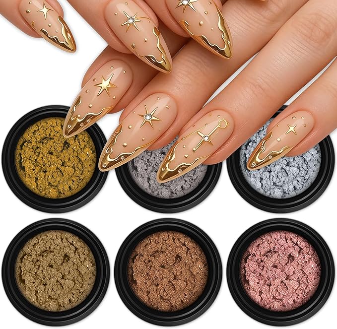 Artdone Chrome Nail Powder 6PCS Metallic Mirror Glitter Effect Rose Gold Silver Pigment kit for Nail Art Supplies Design Decoration Accessories Stuff for Gel Nail Polish