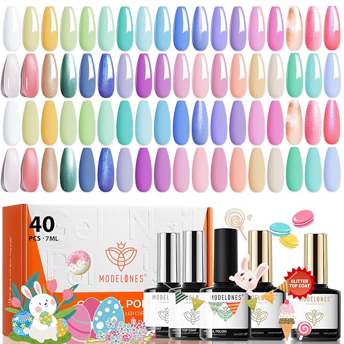 modelones 40 Pcs Gel Nail Polish Kit, 36 Colors 2026 Easter Spring Candy Pastel Gel Polish Set Soak Off LED Soft Light Purple Pink Blue Yellow Green with Base Coat& Matte Glitter Glossy Top Coat