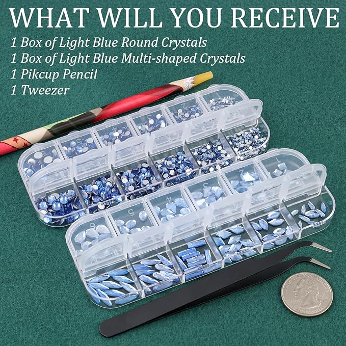 BELLEBOOST Multi Shapes Light Blue 3D Glass Crystal Nail Art Rhinestones Kit with Flatback Round Bead Charm Gem Jewelry Diamond with Nail Art Pens + Tweezer for Manicure Makeup DIY Craft Decoration
