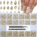Nail Rhinestones - 3D Multiple Shape Size Gems, Champagne Gold, Manicure Beads, Pearls, Flatback Crystals Rhinestones, with Kit, for Nail Art Decor