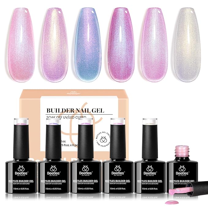 Beetles Builder Gel for Nails,Pearl Shimmer 6 Colors Builder Gel Set for Building Apex & Nail Extension Uv Led White Pink Purple Mermaid Drawing Strengthener for Thin Nails Beauty Gift Sets for Women