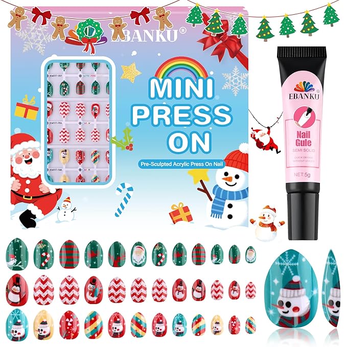 72Pcs Christmas Kid Press on Nails, EBANKU Xmas Fake Nails Kit Full Cover Christmas Theme Design False Nail with Nail Glue for Girl