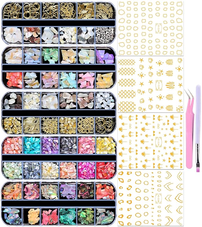 5 Boxes 3D Nail Art Crushed Sea Shell Irregular Iridescent Natural Abalone Seashell Slices Starfish Metal Sea Star Conch Moon Triangle Rivet Gems(sea Shell kit)