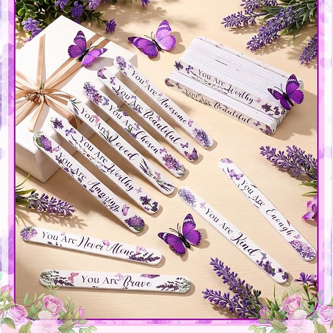 Therwen 50 Pack Christian Gift for Women Purple Butterfly Flower Inspirational Double Sided Nail File Bulk Bible Emery Board Nail Files Religious Appreciation Gift for Teacher Staff Coworker Women