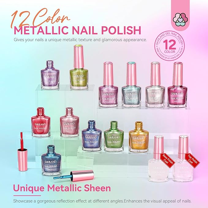SAVILAND Mirror Quick Dry Nail Polish Set: Chrome Metallic Holographic Nails Polish Kit Gold Sliver Air Dry 14 Pcs Regular Nail Polish with Base and Top Coat DIY Art Salon Home Gift for Women
