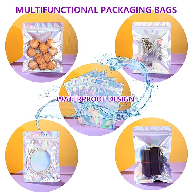 100 Sets Empty Press on Nail Packaging Including Holographic Bags White Card and Transparent Tape for Manicurist Small Business Office Home