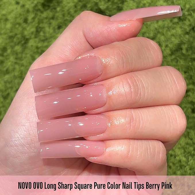 NOVO OVO Long Sharp Square Nail Tips Press on Pure Color BERRY PINK, Extra Thick NEED Builder Gel & Top Coat, Soft Gel Matte Fake Nail Extension, Full Cover False Nails for Salon DIYx 15 Sizes 180 pc