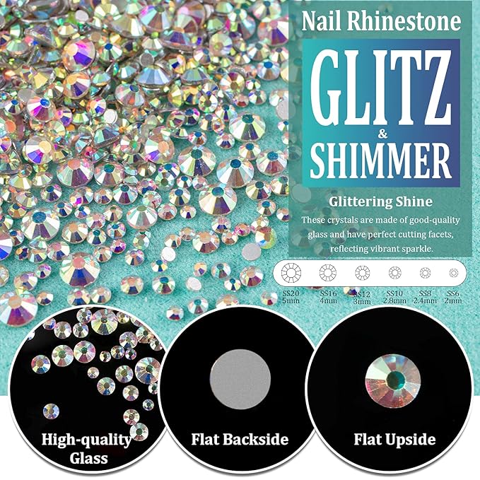 6 Sizes Transparent and AB Glass Crystal Kit with Pickup Pen + Tweezer Tools for Iridescent Shine Nail Art Manicure Makeup DIY Decoration Flatback Round Rhinestone Gem Jewelry Diamond