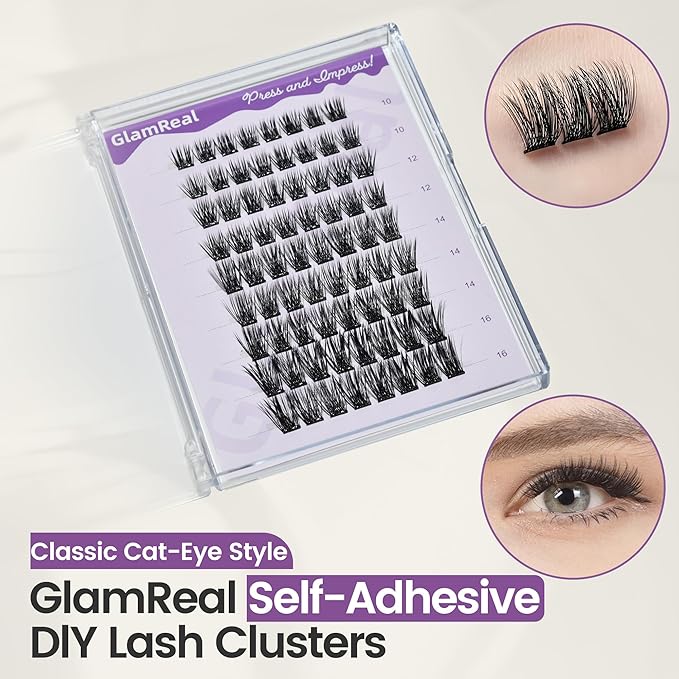 Press-On No Glue Needed Lash Clusters 72Pcs丨Self Adhesive Eyelashes 10-16mm丨Classic Cateye Look丨Reusable & No Residue丨Beginner Friendly Extension Kit by GlamReal